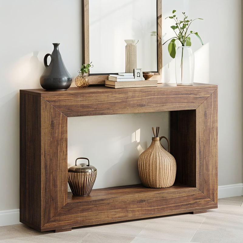 Console rectangulaire brune avec base en bois manufacturé pour espaces confortables