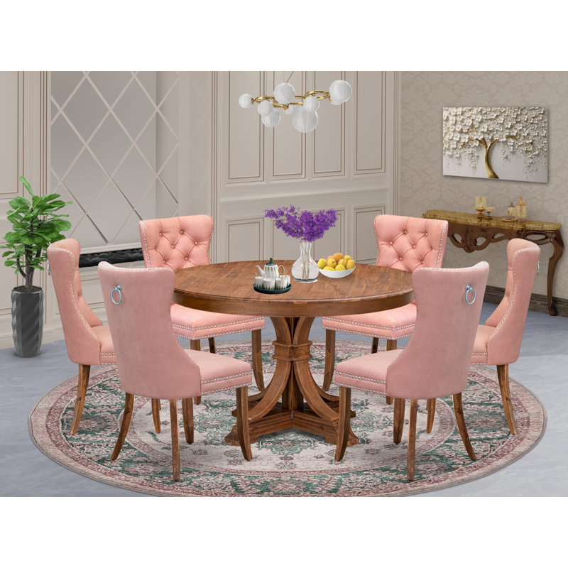 L'ensemble de salle à manger moderne 7 pièces contient une table de salle à manger et 6 chaises rembourrées en tissu de polyester rouge beige avec dossier capitonné, noyer antique