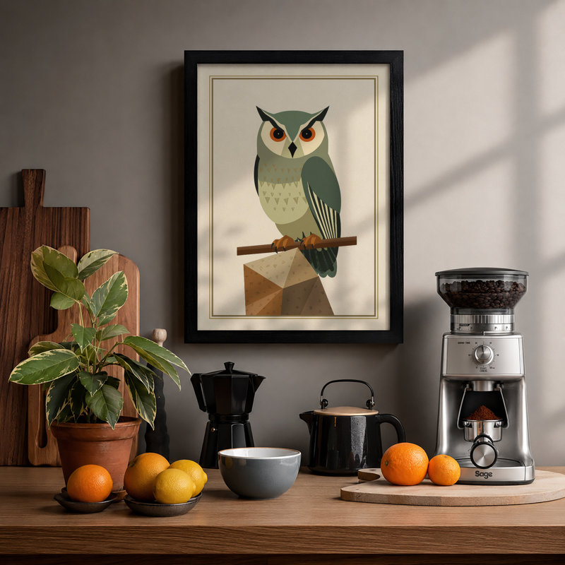 Geometric Owl Scandinavian - Framed Print, Black, A3 - 42.0 x 29.7 cm