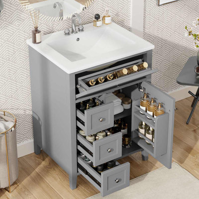 24" Modern Bathroom Vanity With Ceramic Sink, 3 Drawers & Cabinet With Adjustable Shelves  For Bathrooms