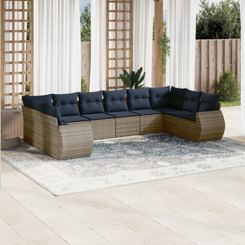 Ensemble de canapé de patio 11 pièces avec coussins en rotin de polyester, Coussin bleu marine / structure grise