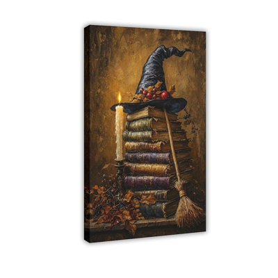 Vintage Witch Broom And Books Wall Art - Gothic Aesthetic Canvas Painting, Sorceress Hat Poster, Whimsical Literary Art Pictures Prints for Home Office Library Decor Framed 8" L X 12" W