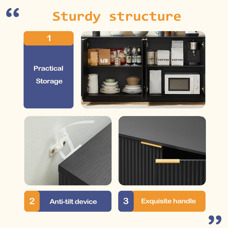 63" Vertical Stripe Buffet Cabinet Sideboard With Stoarge, Curved Wave Design, TV Stand, For Bedroom, Living Room, Hallway, 63''W X 15.75''D X 31.5''H.