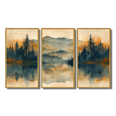 Green Yellow Sunrise Fog In The Forest II - Forest Wall Art Print Set