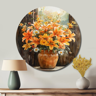 «Golden Hour Bloom of Lily Flowers», impression murale ronde sur métal lys