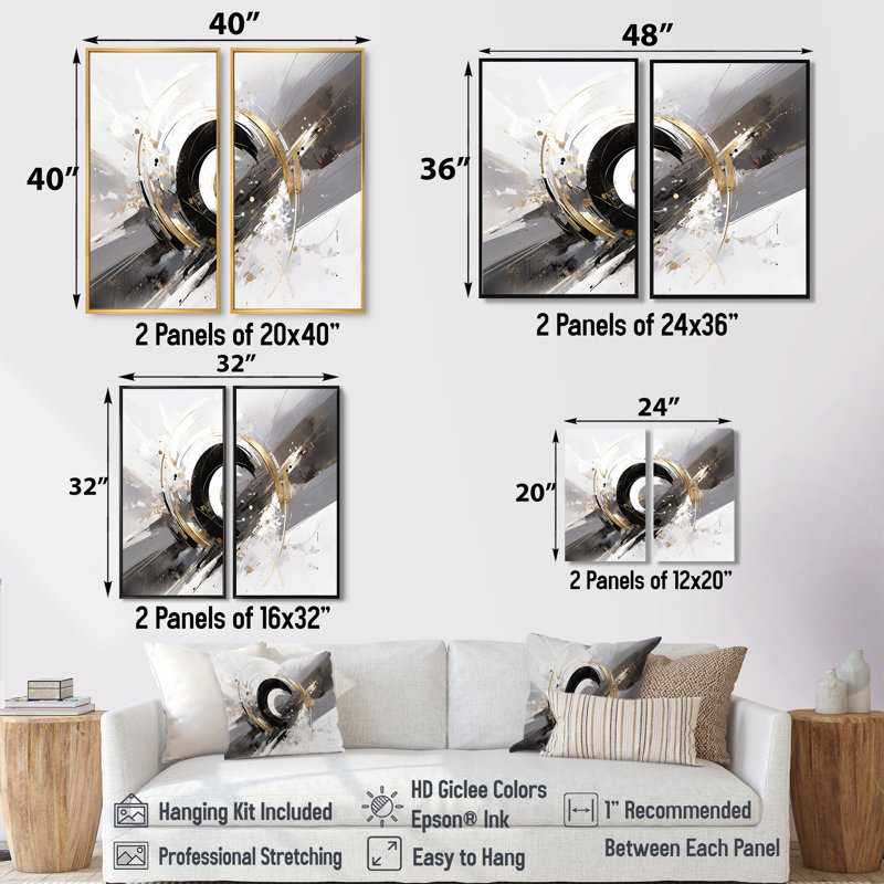 Tourbillons à multiples facettes or gris - Cubisme abstrait, impressions sur toile 2 panneaux, H 36 po x l 48 po, Noir