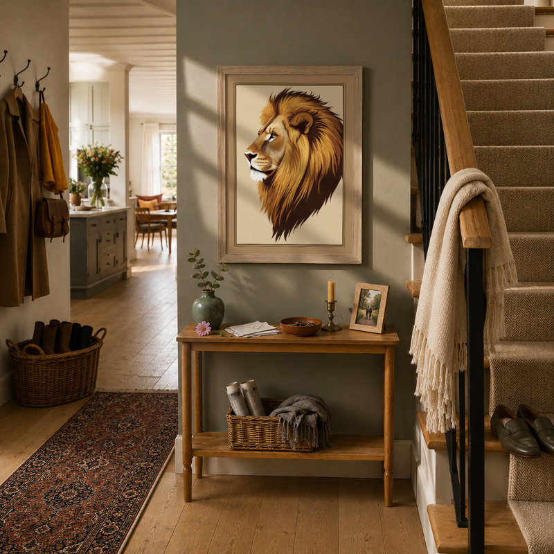 Noble Lion Rustic - Framed Print, A2 - 59.4 x 42.0 cm, Oak