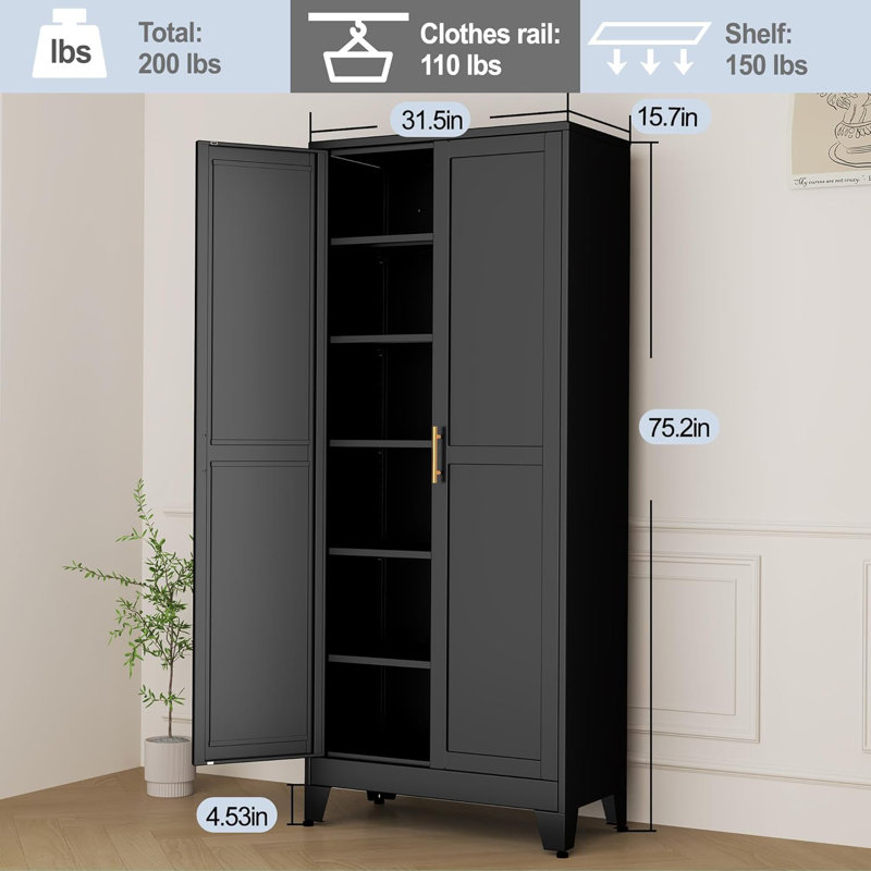 Winston Porter Modern Freestanding Wardrobe Armoire with Two Door, Black