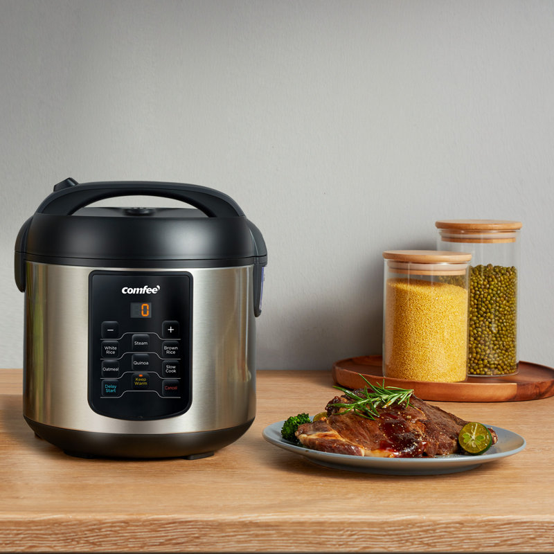 Comfee' Rice Cooker, 6-in-1 Stainless Steel Multi Cooker, Slow Cooker, Steamer, Saute, And Warmer, 2 Qt, 8 Cups Cooked, Brown Rice, Quinoa And Oatmeal, 6 One-touch Programs