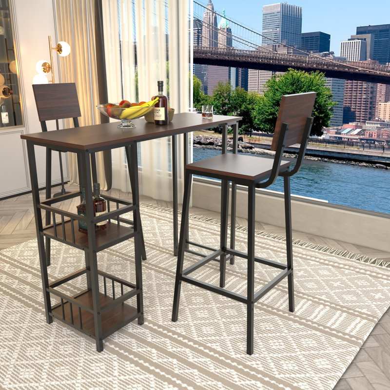 Ensemble de table de bar rectangulaire de 110 cm (43,3 pouces) avec 2 tabourets de bar et dossier, en MDF et métal. Table de bar avec 2 tablettes latérales de rangement. Style industriel, couleur noyer.