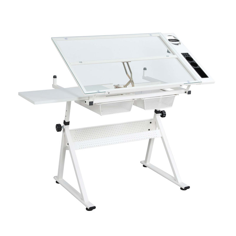 Adjustable Tempered Glass Drafting Printing Table With Chair And Multiple Storage Solutions, Perfect For Artists And Professionals.