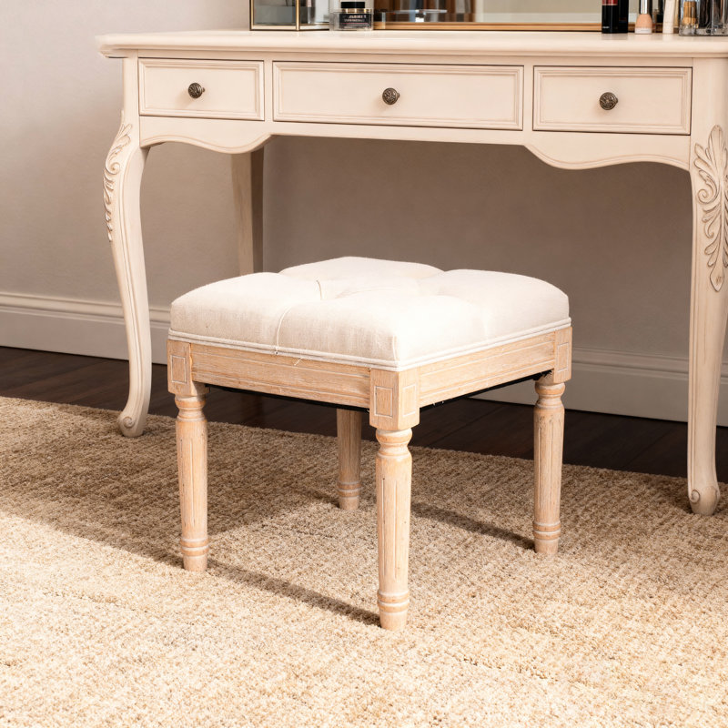 Square Upholstered Beige Bench, 15.97" Dimensions, Great For Outdoor Patio, Soft And Linen Comfortable Seating In Living Room, Solid Rubberwood Frame Legs