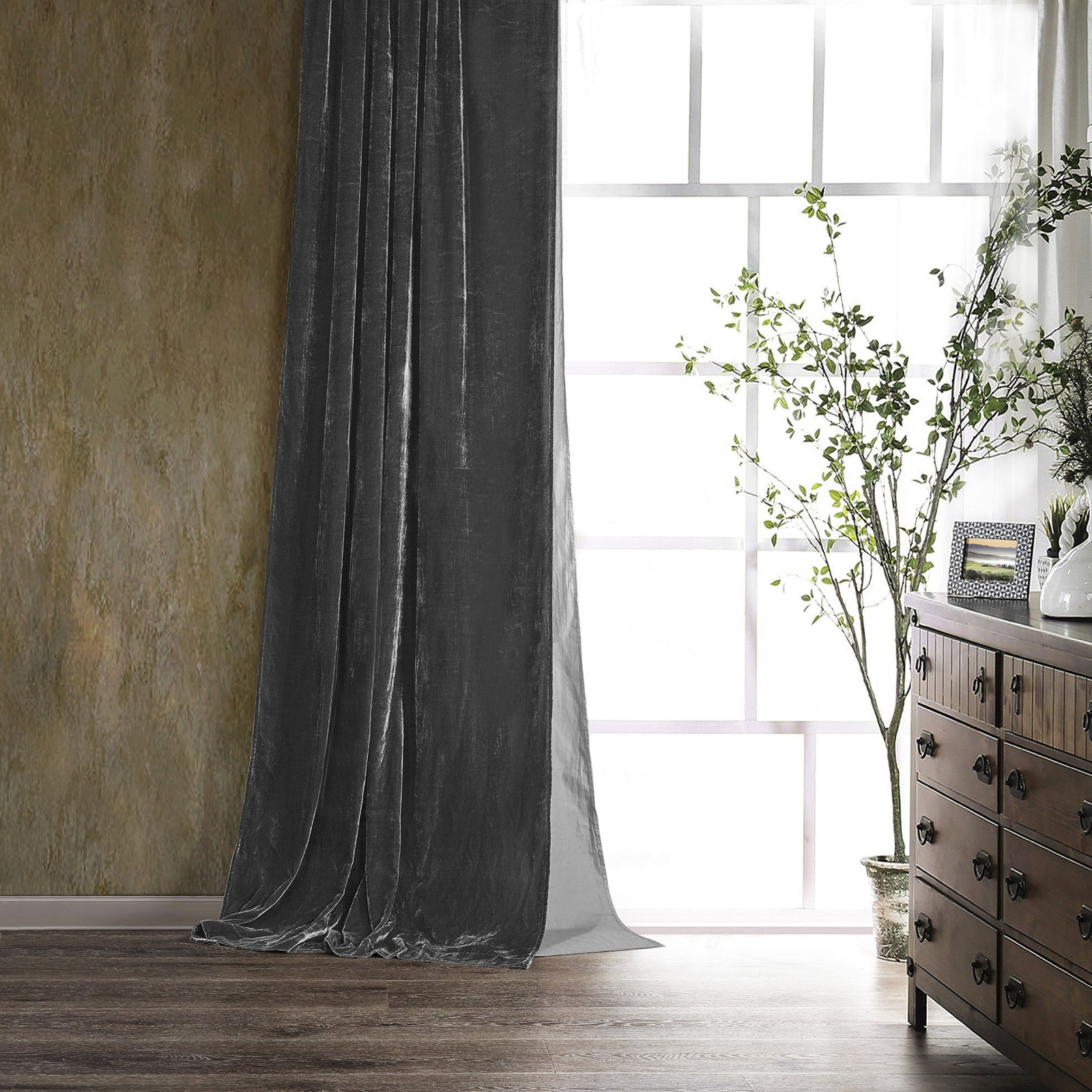 Stella Faux Silk Velvet Curtain Panel, Slate