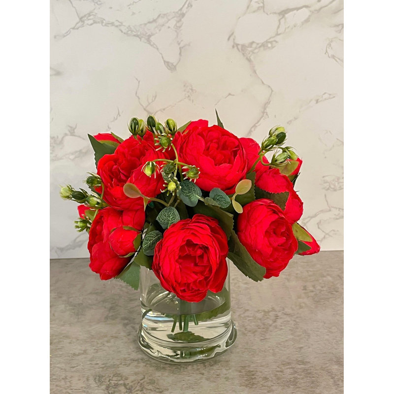 Red Rose Peony Silk Arrangement In Glass Vase