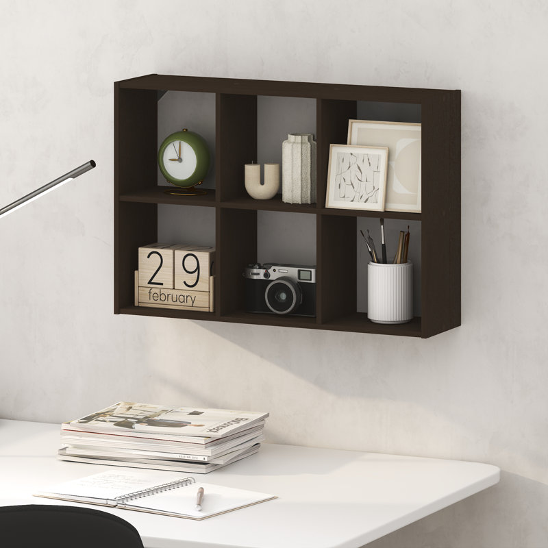 Furinno ROSSI 6-Cube Floating Shelves for Wall, Wall Mount Organizer, Desktop Organizer, Bookshelf, for Home Office, Study Room, Black Dark Oak