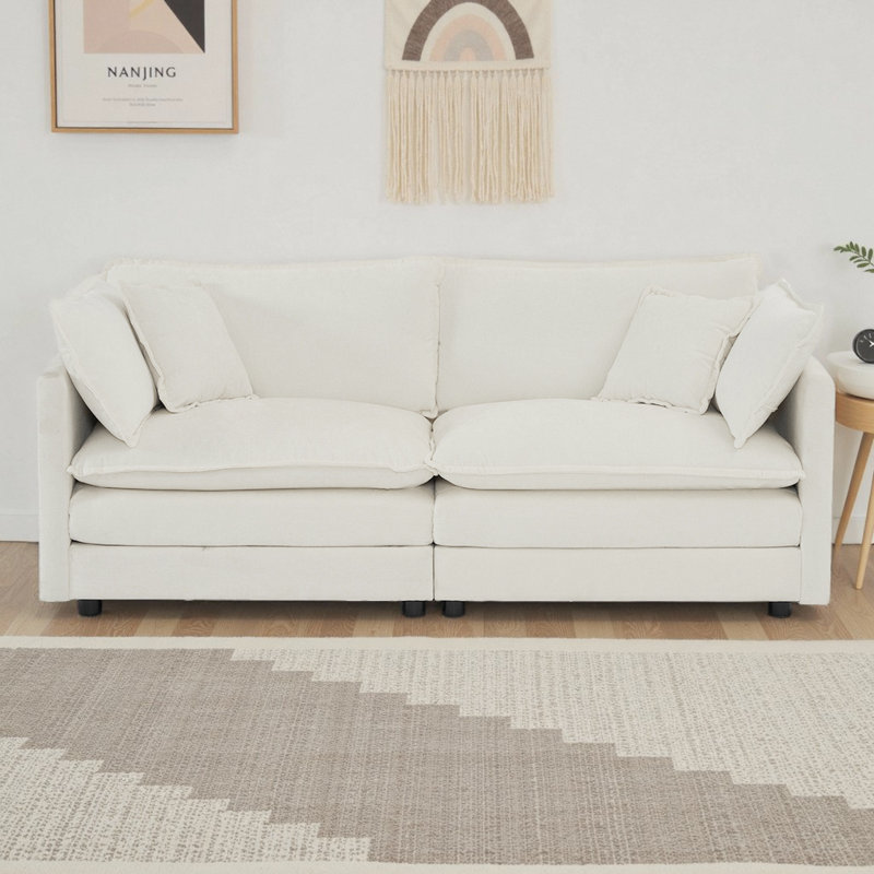 Canapé-lit moderne en chenille pour 2 places avec 4 coussins, siège profond et options de combinaison flexibles, Blanc