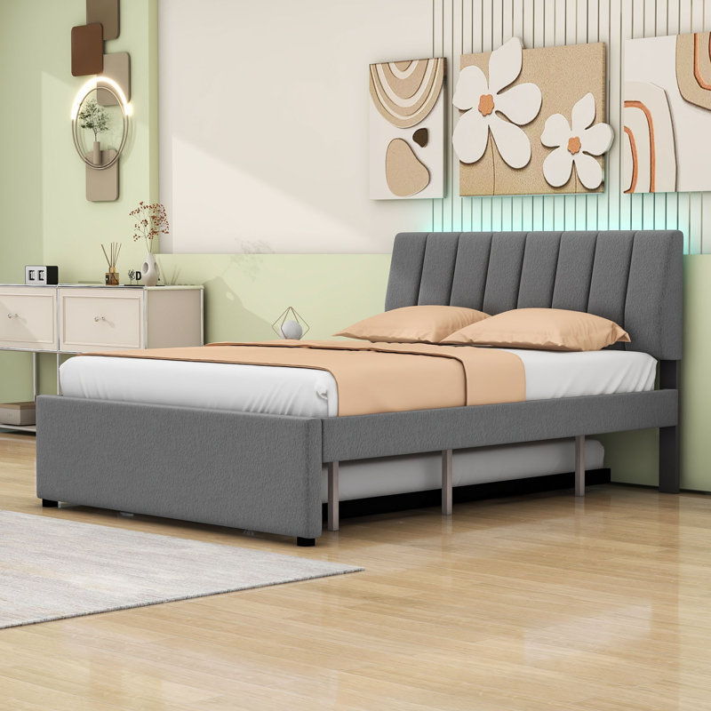 Lit plateforme tapissier avec tête de lit et lit gigogne Renzie, Double, Gris