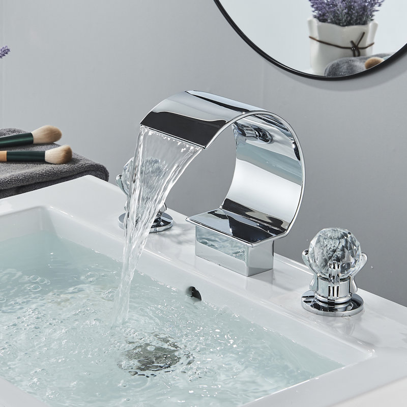 Robinet de salle de bain chromé à grande arche et cascade, ensemble de 3 pièces avec poignées en cristal de style européen Mosson