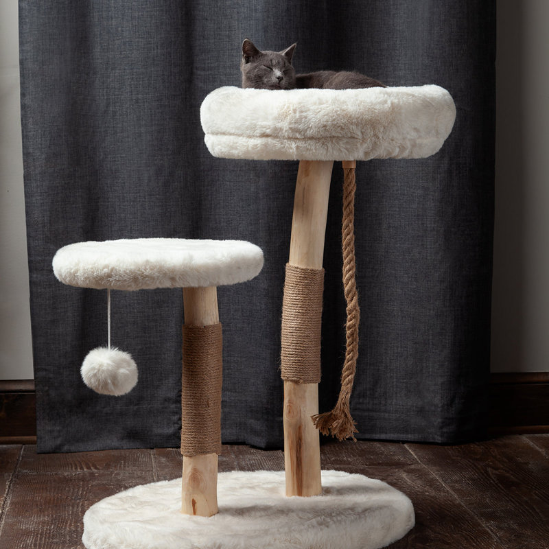 The Oasis 3-Level White Faux Fur Cat Tree with Hemp Rope