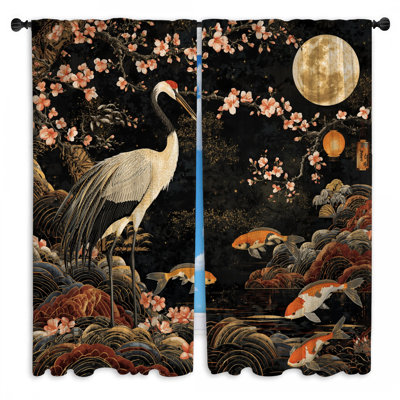 Rideaux Crane Koi Moon Cherry Blossoms