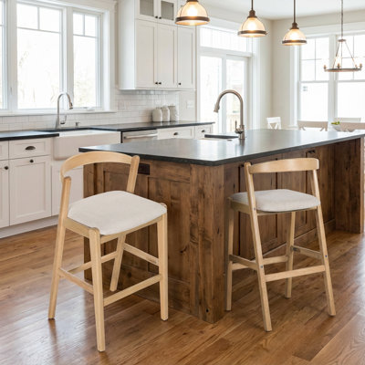 Tabouret de bar d'intérieur en bois d'hévéa, finition naturelle et revêtement beige, ensemble de 2
