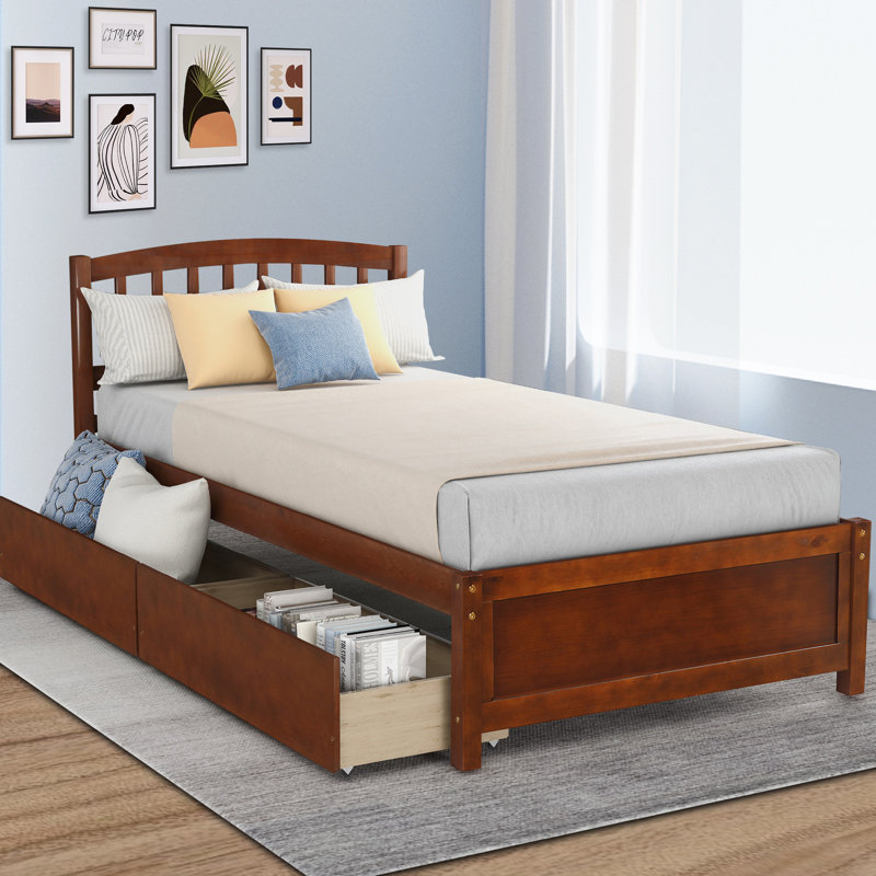 Pine Solid Wood Standard Bed with Drawers, Walnut