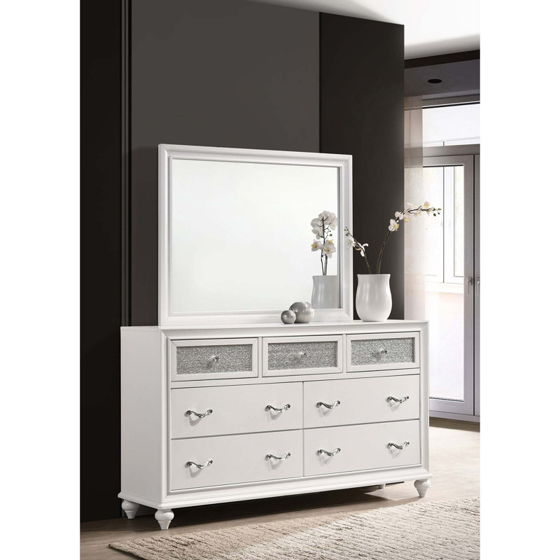 Commode chic à 7 tiroirs avec panneaux scintillants et miroir