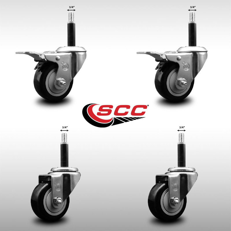 3 Inch SS Poly Swivel 3/4 Inch Expanding Stem Caster Set 2 Total Lock Brakes, Black