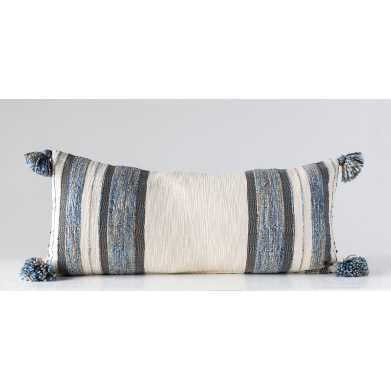 Modern Blue & Grey Striped Cotton Blend Lumbar Pillow with Tassels, 36" x 16"