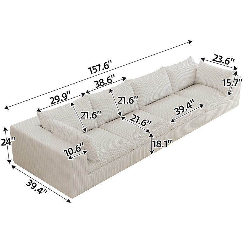 157,6 po Corduroy 4 places blanc pour le salon et la chambre à coucher, conception à double couche, coussin amovible, sièges rembourrés en plumes de luxe, bricolage modulaire, sans cadre en bois, canapé profond à compression haute densité avec