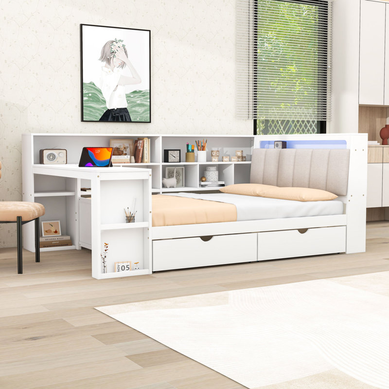 Lit de jour multifonctionnel avec bureau intégré, lumière RVB, tête de lit tapissier et tiroirs de rangement, Lit double