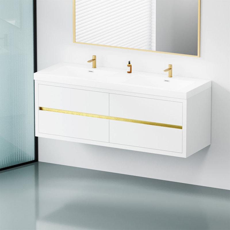 Meuble-lavabo mural 60 po avec double lavabo en résine et tiroir, Blanc brillant