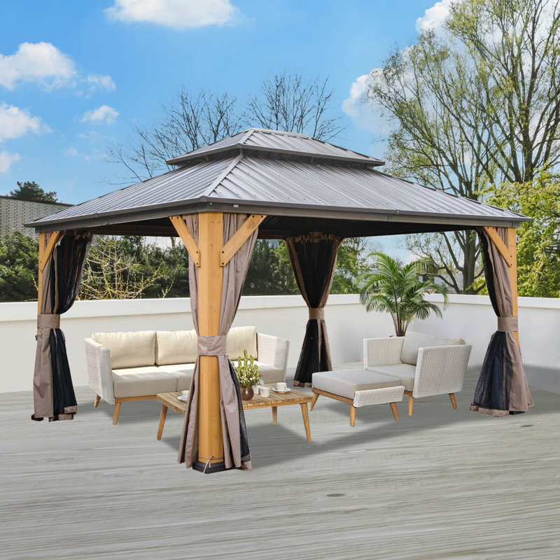 Solid Wood Post Patio Gazebo with Metal Frame, 122.4" H x 168" W x 144" D
