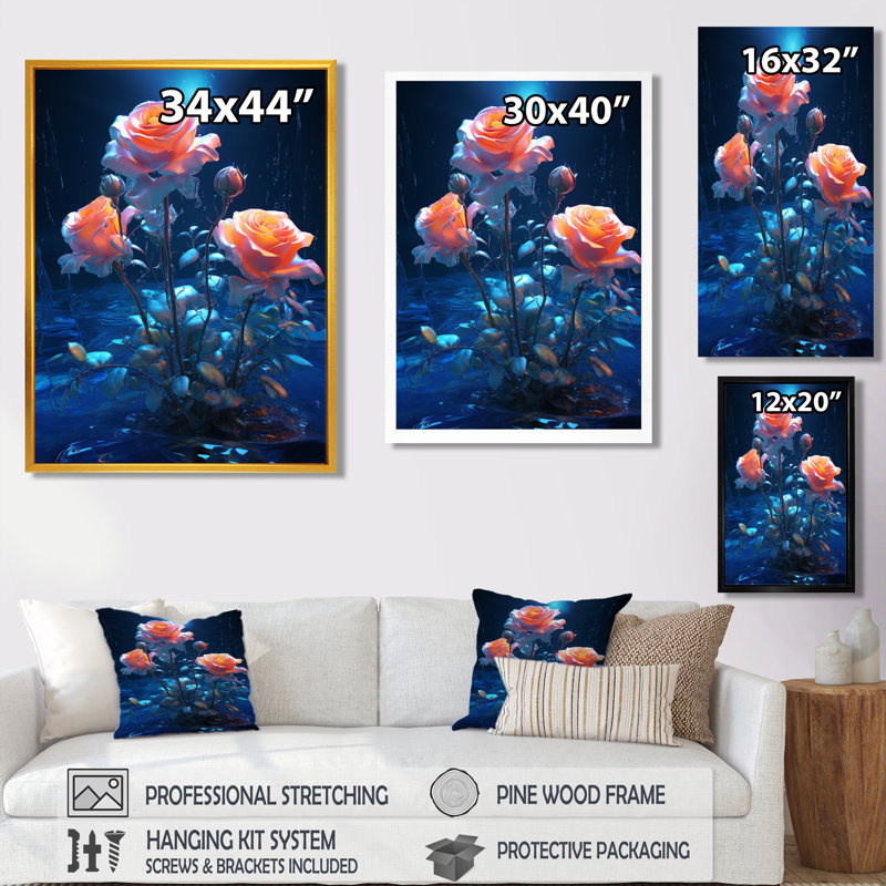 Rose, rose, nuit bleue magique - roses, art mural salon, Toile avec cadre flottant brun, H 20 po x l 12 po x P 1 po