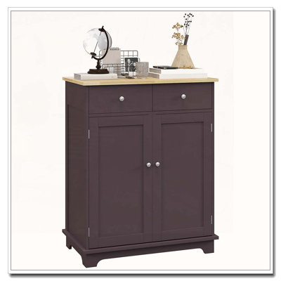 Sideboard with Solid Wood Countertop Modern Kitchen Coffee Bar Cabinet 2 Drawers Doors Adjustable Shelf