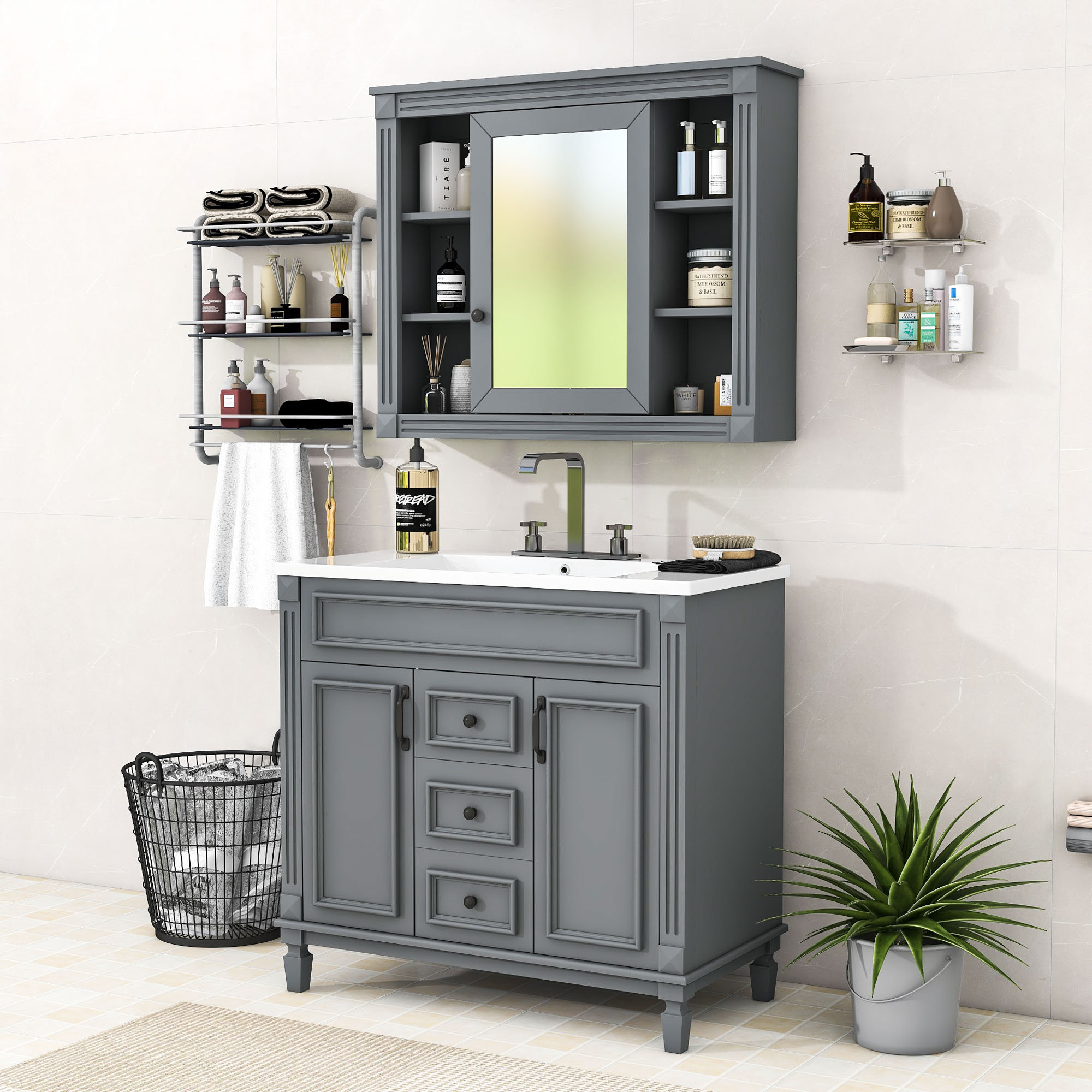 Alcott Hill 36inch Modern Bathroom Vanity Set with Sink, Mirror and Storage Drawers