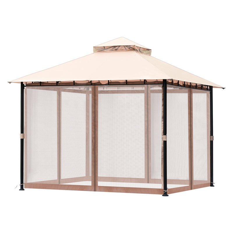 Beige Polyester 10x10 ft Patio Gazebo with Mosquito Net and Metal Frame