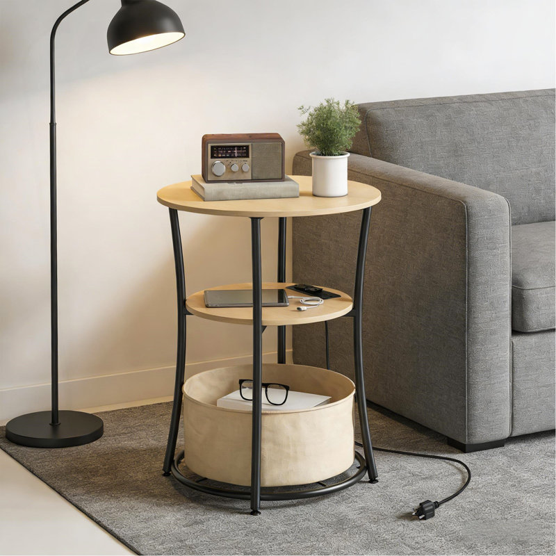 Table basse Table d'appoint ronde avec station de charge, table de bout à 3 niveaux avec sac de rangement en tissu et tablette, bois naturel