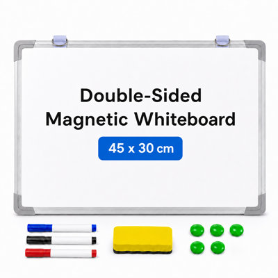 Magnetic Whiteboard 60 x 45cm – Dry Erase Board with Aluminium Frame & Pen Tray, Wall Mounted Dry-Wipe Writing Board for Home Office, Kitchen, School