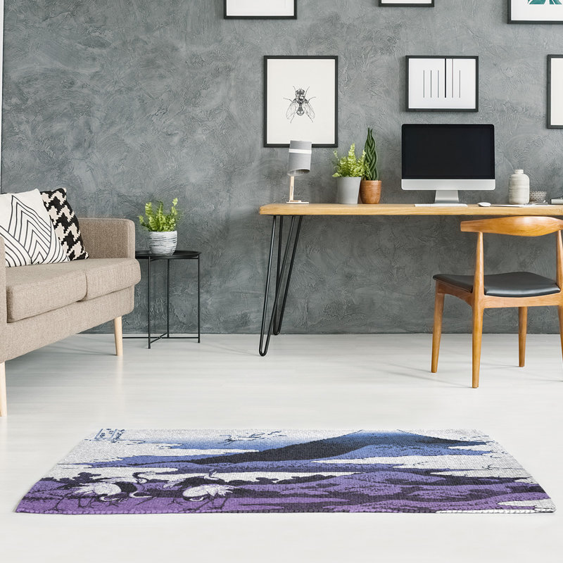 Tapis en chenille mauve/bleu/noir de grues japonaise, Rectangle 2 pi x 3 pi