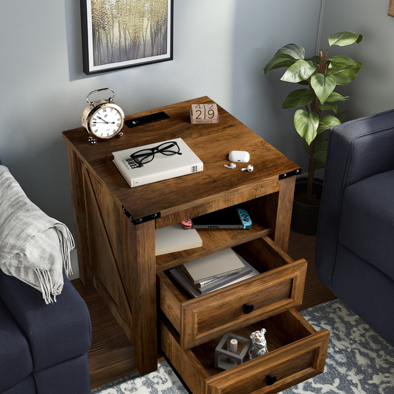 Farmhouse Charging Nightstand With 2 Drawers & USB Ports - Effortless Power And Storage, Brown, Individual
