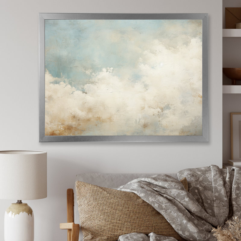 Nuage de minimalisme beige sur toile, 30" H x 40" W x 1.5" D, Silver Single Picture Framed