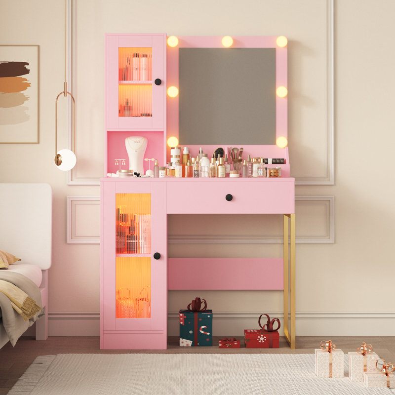 Vanity Desk with Mirror and Lights Elegant Makeup Vanity Table with Drawers & Cabinets, Storage, Sturdy MDF Top, Adjustable Brightness Bulbs, Built-in Power Outlet & USB Ports for Bedroom