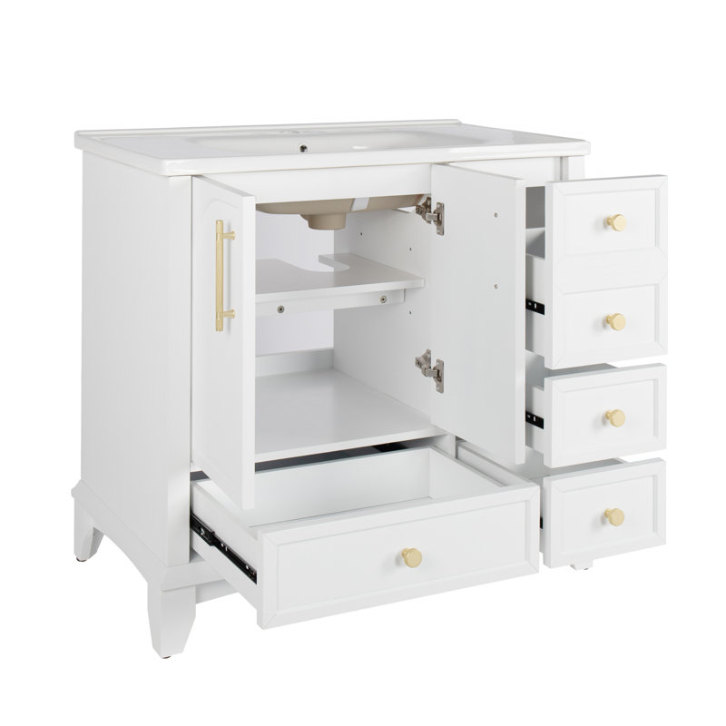 Lavabo de salle de bain autoportant 35,6 po Mid-Century avec beaucoup de rangement, Blanc