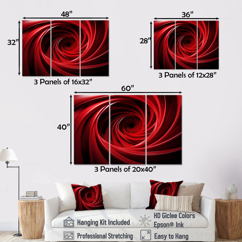 «Red and Black Abstract Spiral Dreamscape» - Art mural spirales abstraites, Toile tendue, H 32 po x l 48 po x P 1 po