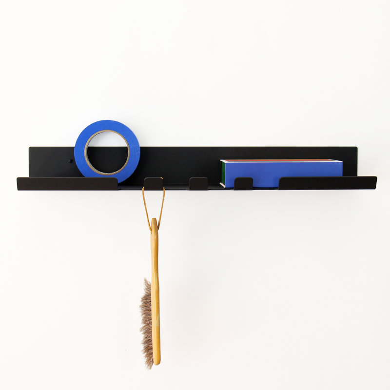Metal Floating Shelf With Hooks, 3" H x 24" W x 5.37" D, Black - Matte Fine Textured