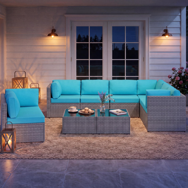 8-Person Outdoor Sectional Seating Group with Cushions, Blue, Silver