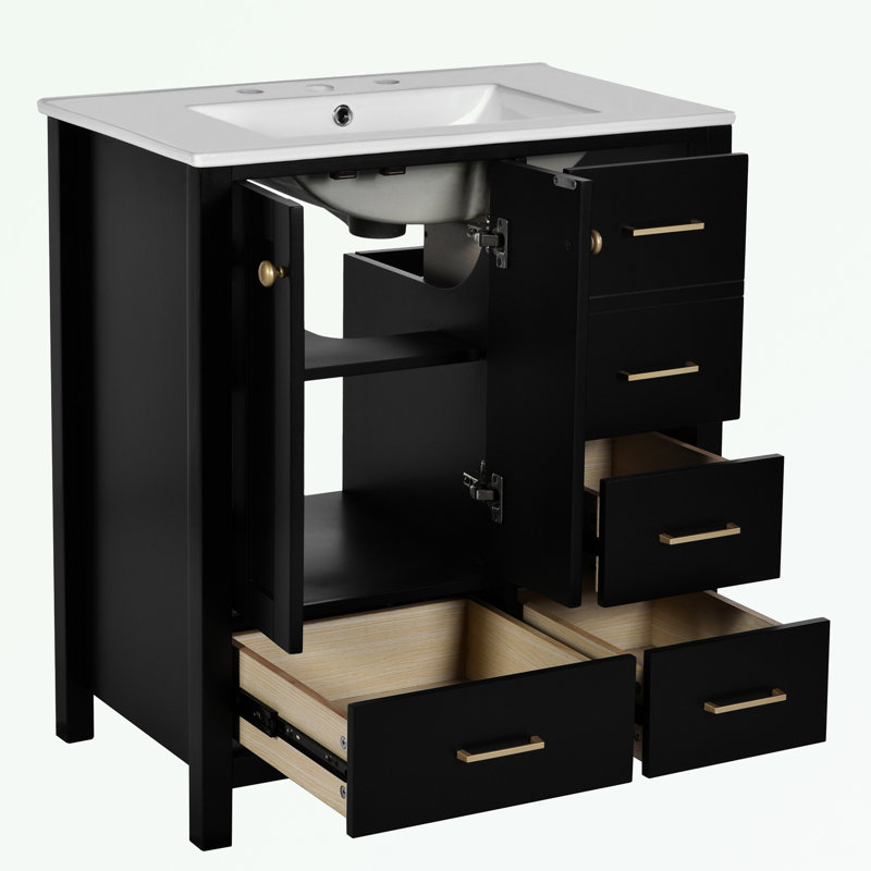 Ensemble de meuble-lavabo avec lavabo en résine, 4 tiroirs et portes à fermeture douce, Noir, noir, noir, noir