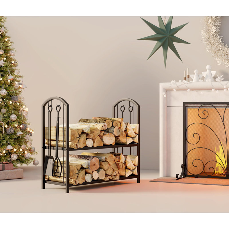 Porte-bûches avec support à bûches pour foyer 5 pièces avec 4 outils