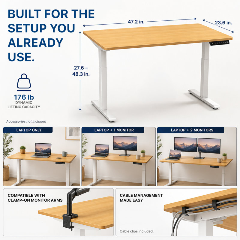 Bureau assis-debout électrique Rise Up Essential avec plateau monobloc de 120 cm (47,2 po)
